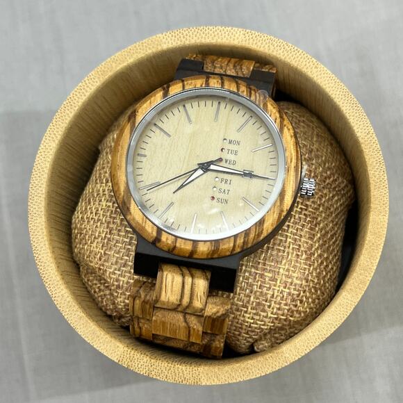 The Wood Forest Nova Wooden Wrist Watch -Tan Ebony-Zebra Wood-Men Watch-Big Face - Picture 1 of 12